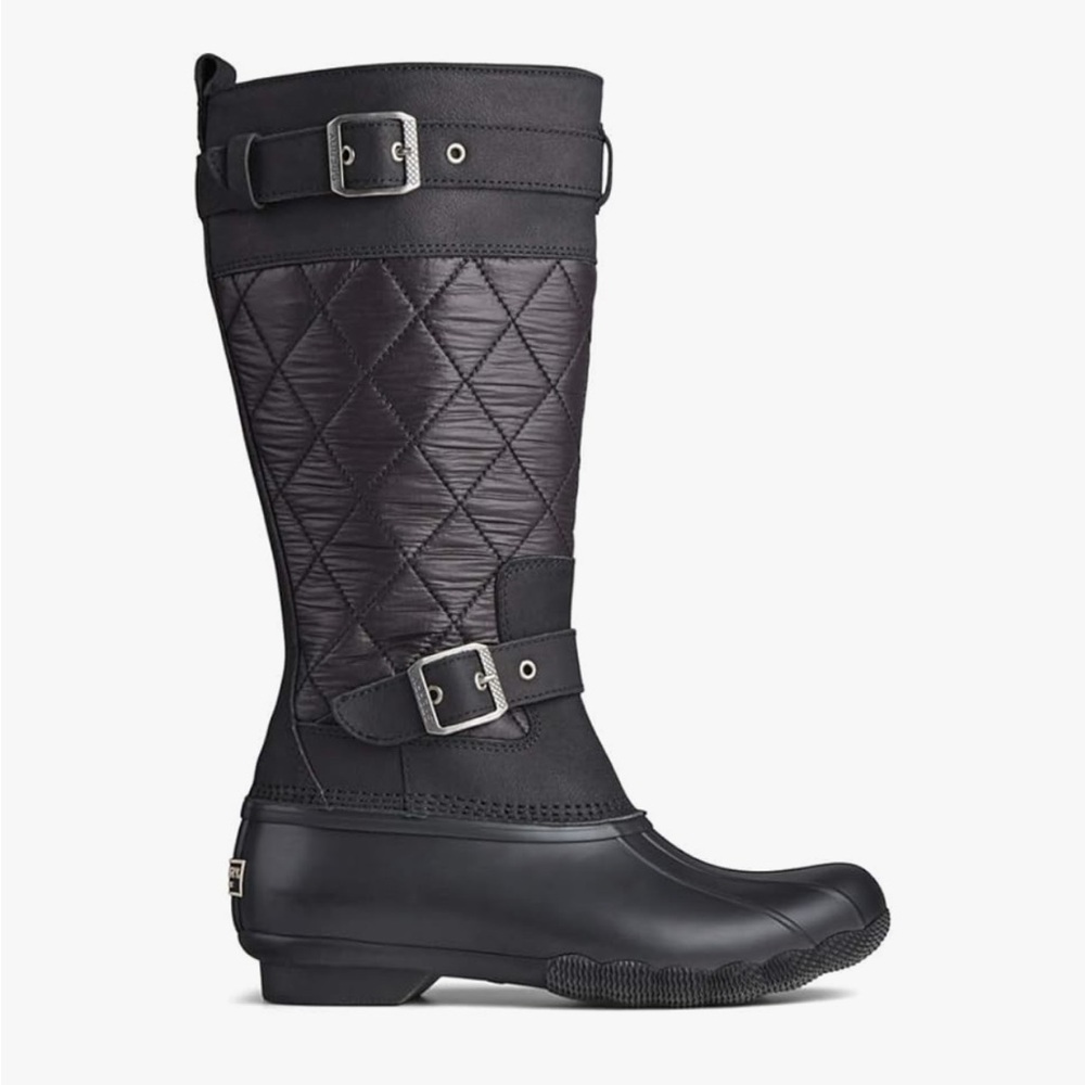 Sperry Saltwater Tall Buckle Quilted Rain Boots Black Waterproof Size 6 NWT